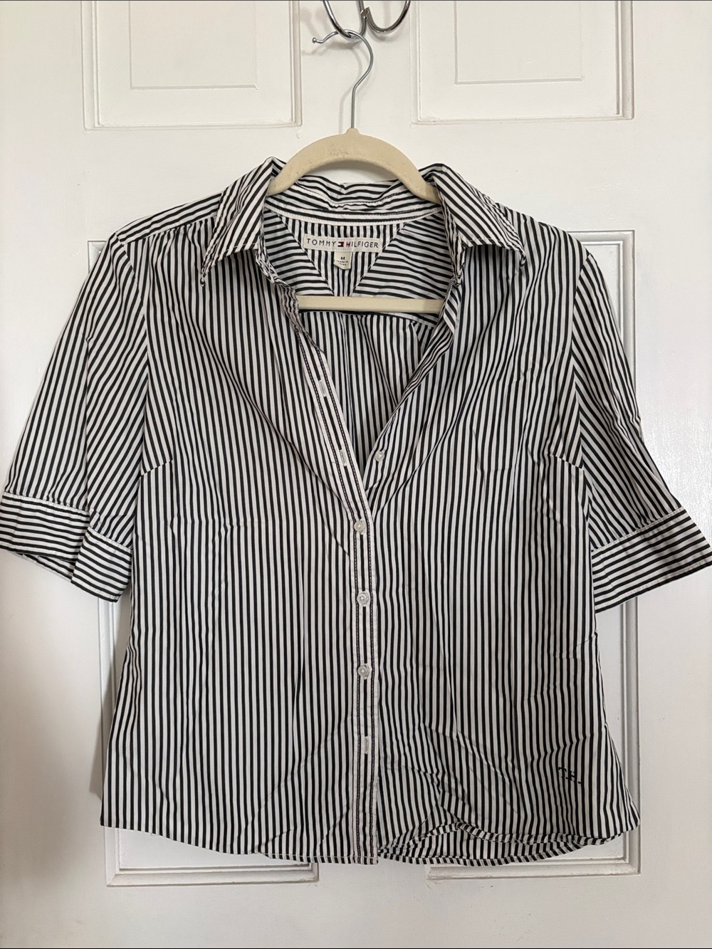 Vintage Tommy Hilfiger Black and White Vertical Stripe Button-Up